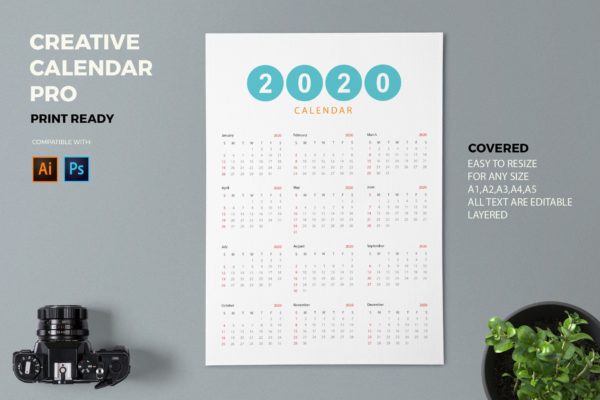 简约设计风格2020年单页日历设计模板 Creative Calendar Pro 2020