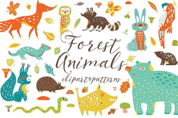 可爱的森林动物剪贴画 Cute Forest Animals Clipart