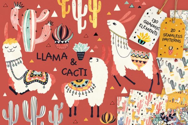 美洲驼和仙人掌水彩剪贴画&amp;纹理 Llamas and Cacti