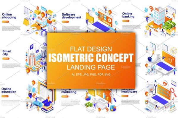 等距概念扁平风网站着陆页设计插画模板合集 Isometric Concept Flat Design