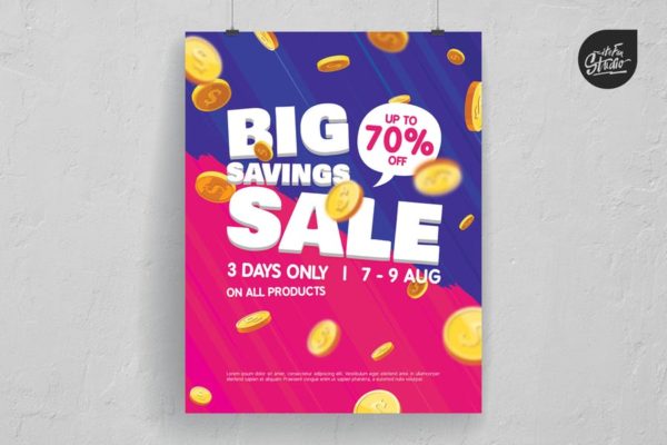 天降金币大型促销活动海报设计模板 Falling Coins Big Savings Sale Poster And Flyer