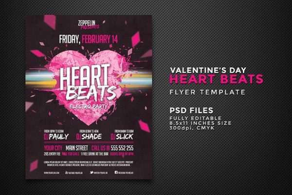 激情DJ音乐派对活动传单模板 Heart Beats Flyer Template