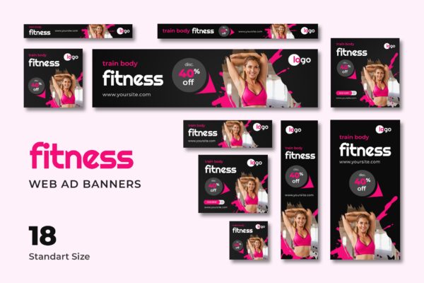 18种标准尺寸健身主题网站广告Banner设计模板 Fitness Web Banner