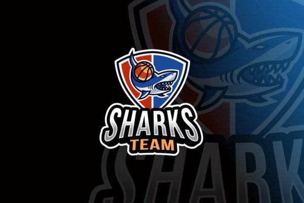 鲨鱼卡通形象篮球队队徽Logo设计模板 Sharks Basketball Logo Template