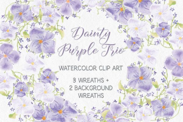 紫色水彩手绘花环图案PNG素材 Trio of Watercolor Floral Wreaths in Purple Shades