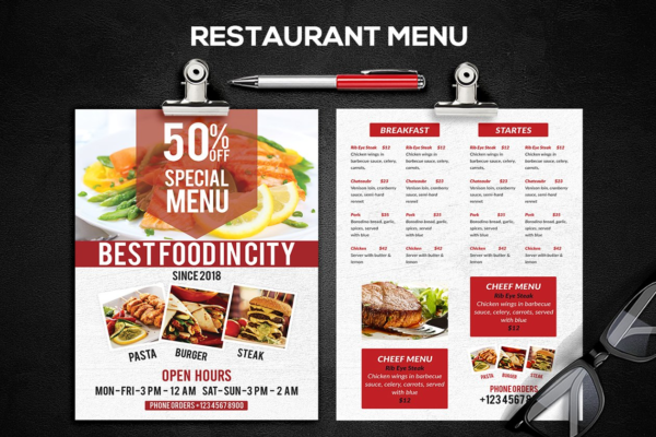 西餐厅单页设计菜单模板制作素材 Restaurant Menu