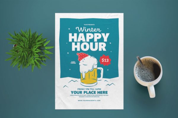 冬日酒吧海报传单设计模板 Winter Happy Hour Flyer