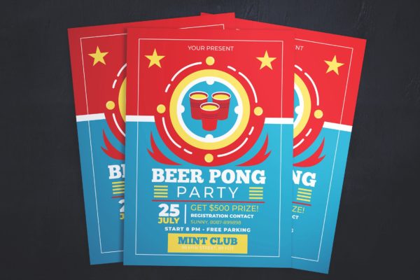啤酒派对啤酒节活动海报传单设计模板 Beer Pong Party Flyer