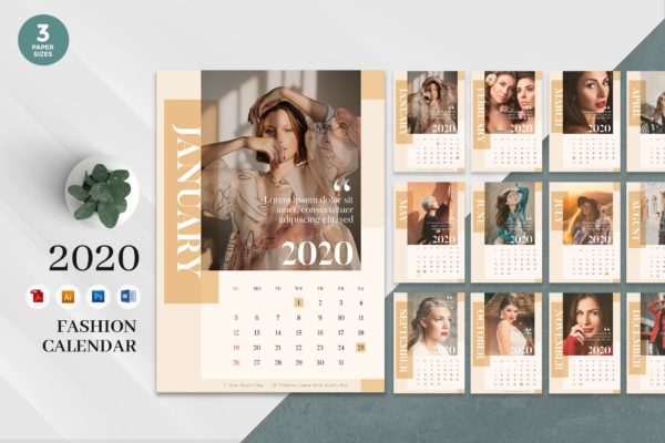 优雅时尚主题2020年日历表设计模板 Elegant Fashion 2020 Calendar &#8211; AI, DOC, PSD