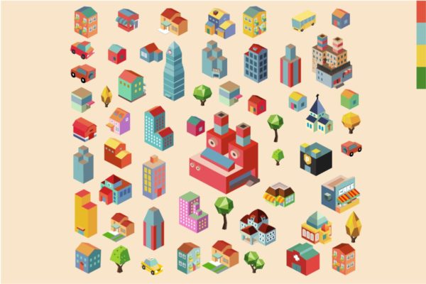 多彩等距城市场景矢量插画v7 Colorful vector isometric city