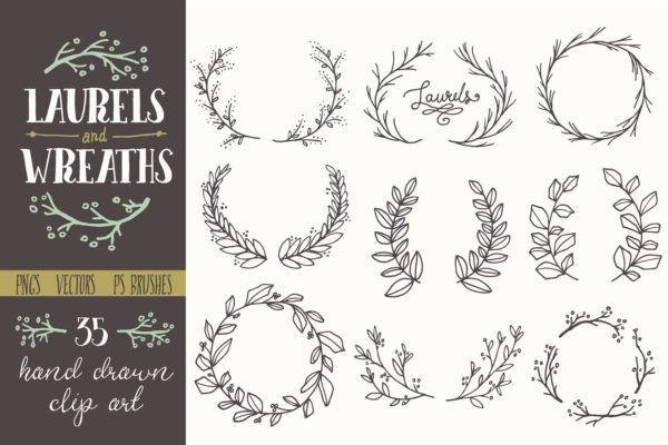 简洁且精美的花环剪贴画  Whimsical Laurels &#038; Wreaths Clip Art