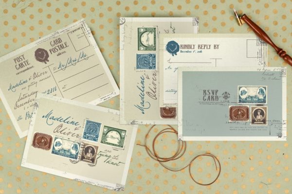 复古邮票主题风婚礼邀请函设计模板 Vintage Stamp Wedding Suite