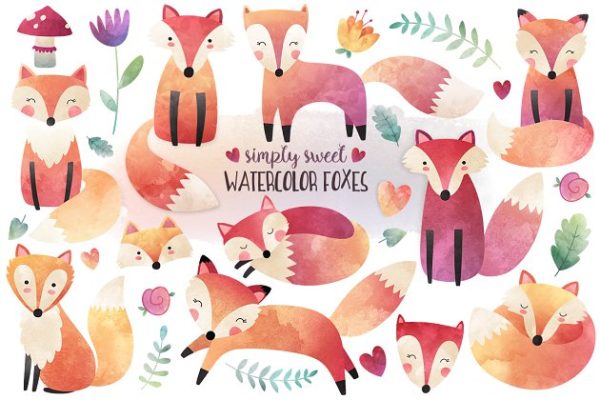 可爱水彩狐狸林地设计元素 Watercolor Fox Clipart Bundle