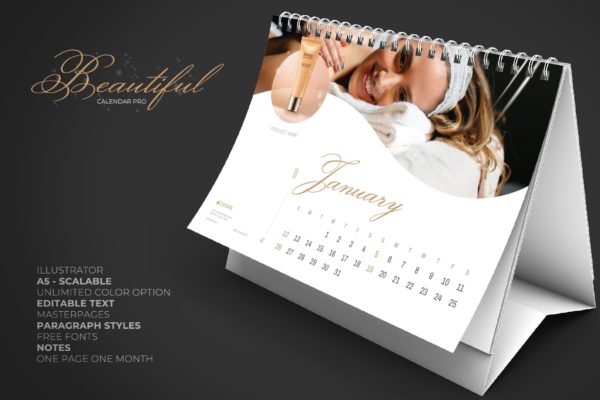 2020年美容行业定制横版活页台历设计模板 2020 Beauty Creative Calendar Pro