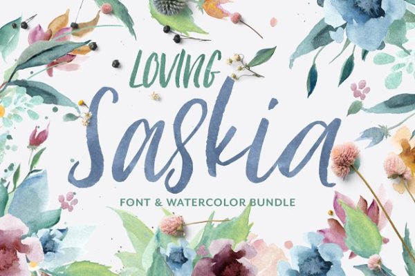 手写英文字体&amp;手绘水彩花卉剪贴画 Loving Saskia Font &amp; Graphics Bundle
