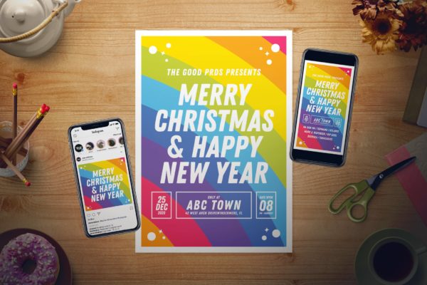 手绘彩虹色新年主题海报传单设计模板 Rainbow New Year Flyer Set