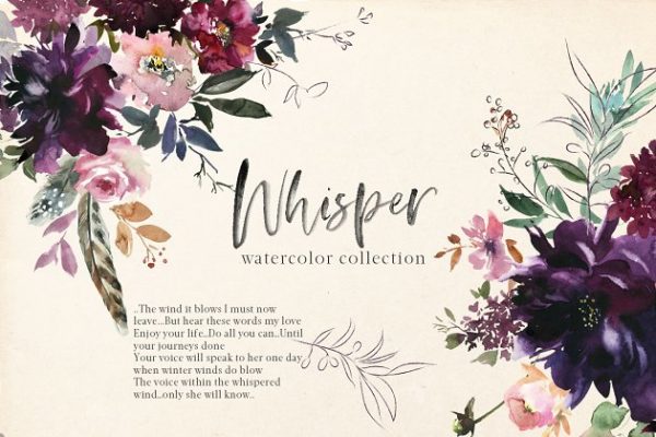 浪漫暗色调水彩花卉剪贴画 Whisper Watercolor Floral Clipart