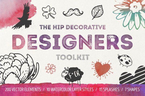 手绘装饰设计元素工具包[手绘图案+水彩样式+图形] The Hip Decorative Toolkit