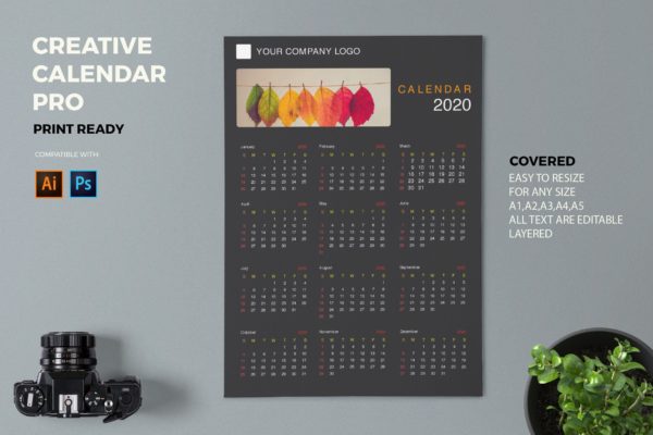 简约优雅设计风格2020年历日历设计模板 Creative Calendar Pro 2020