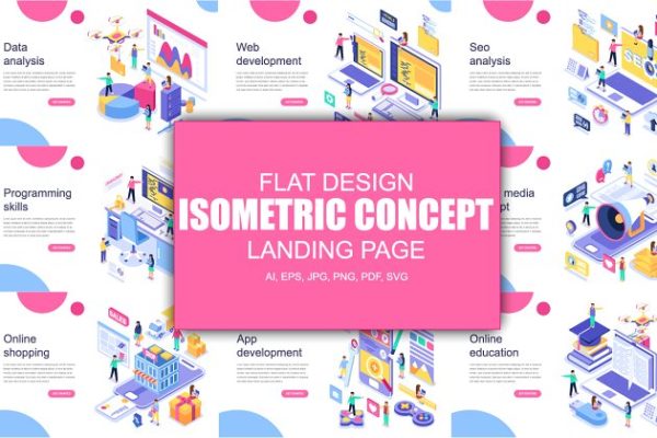 现代平面设计等距着陆页模板 Isometric Concept Flat Design