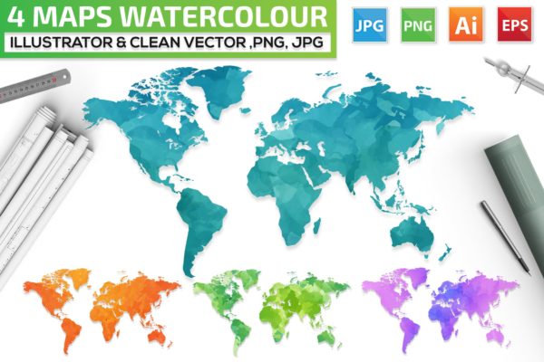 4款世界地图水彩手绘矢量图形素材 4 Maps Watercolour Design