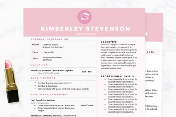美容化妆行业简历&amp;介绍信模板 Crisp Pink Resume, Cover Letter Pkg.