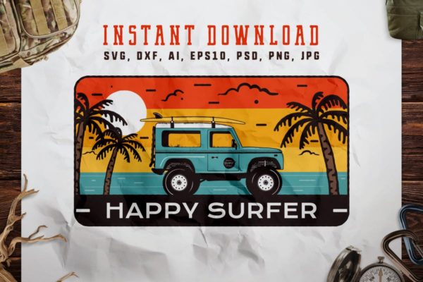旅行冲浪俱乐部徽标/复古旅行品牌Logo设计模板 Happy Surfer Badge / Vintage Travel Logo
