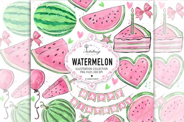 粉色西瓜瓣水彩剪贴画PNG素材 Watercolor Pink Watermelon Clipart