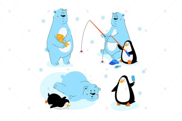 北极熊和企鹅-扁平设计风格卡通形象矢量素材 Polar bear and penguin &#8211; flat design characters