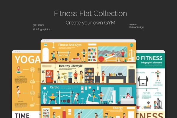 健身俱乐部扁平风概念图标合集 Fitness Flat Collection