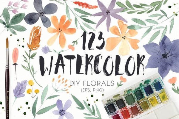 DIY水彩花叶系列元素合集 123 DIY Watercolor Flowers (EPS,PNG)