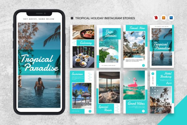 热带度假品牌Instagram社交推广设计素材[AI&amp;PSD] Tropical Holiday Instagram Stories AI and PSD