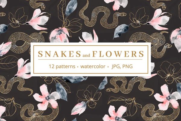 高贵品质的蛇&amp;花卉水彩图案合集