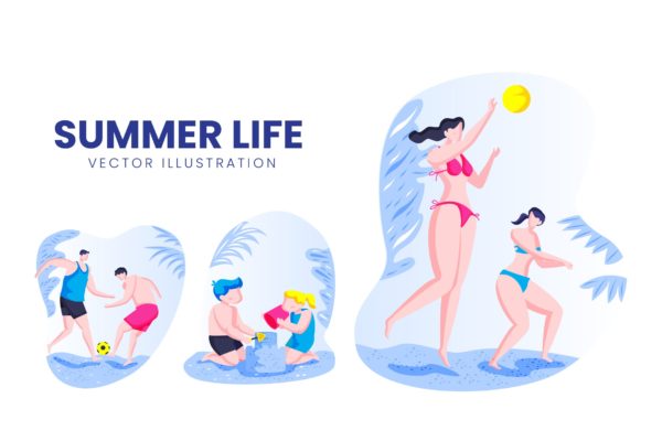 夏季生活人物形象普贤居精选手绘插画矢量素材 Summer Life Activity Vector Character Set