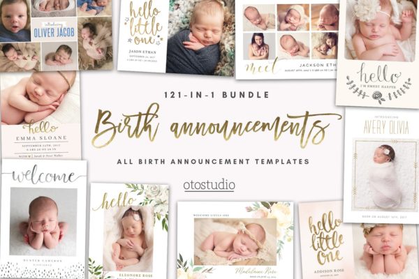 初生婴儿艺术照设计模板 BUNDLE 121-in-1 Birth Announcements