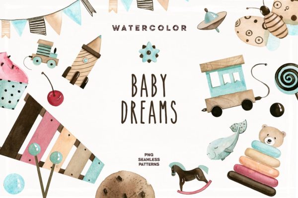 婴儿儿童主题水彩剪贴画 Watercolor Baby Dreams