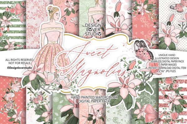 浅桃红色花卉图案婚礼素材合集 Sweet Magnolias digital paper pack
