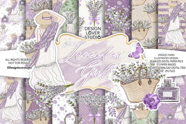 薰衣草少女主题礼品包装纸张图案纹理套装 Lavender Girl digital paper pack