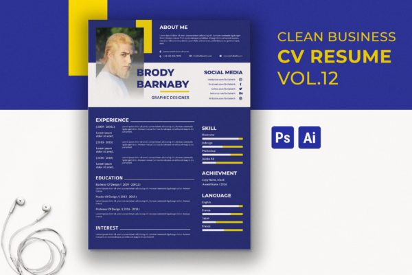 简朴设计风格设计师简历模板v13 Clean Resume Template Vol. 13