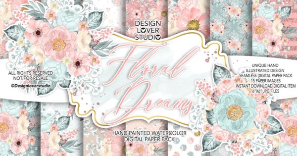 腮红水彩花卉婚礼图案纹样设计素材 Floral Dreams Blush digital paper pack