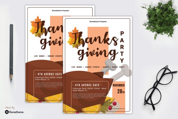 感恩节美食/音乐/游戏主题活动海报传单设计模板v1 Thanksgiving Party Flyer vol. 01