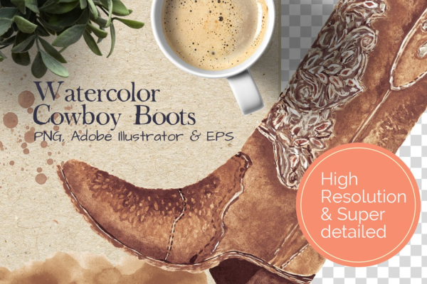水彩、墨水和水粉手绘水彩牛仔靴 Super Detailed Cowboy Boots