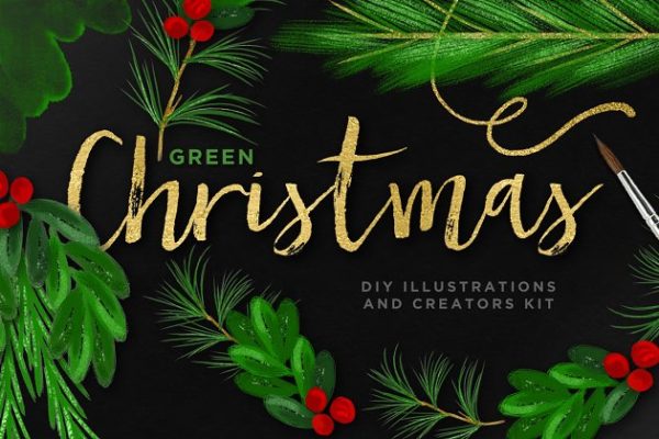 绿色圣诞节主题创意设计素材包 Christmas Illustration Bundle + EU