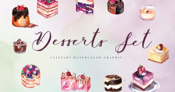 水彩蛋糕甜点矢量插画合集 12 Watercolor Desserts Illustration Set