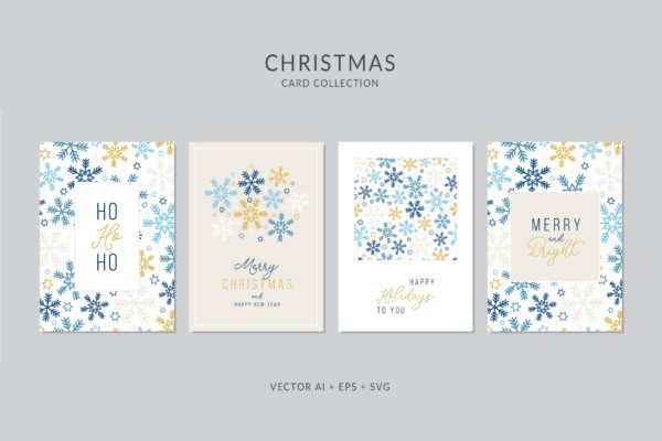 彩色雪花图案背景圣诞节贺卡矢量设计模板 Christmas Greeting Card Vector Set