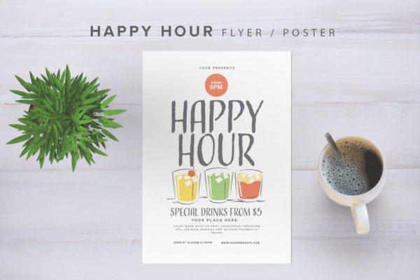 欢乐时光饮品店广告海报传单设计模板 Happy Hour Flyer