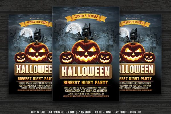 万圣节恐怖城堡派对海报传单模板 Halloween Flyer