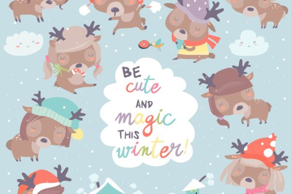 圣诞节卡通小鹿矢量插画 Set with cute little deers on winter background.