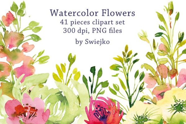 手工浪漫彩绘花园植物剪贴画 Watercolor Garden Flowers