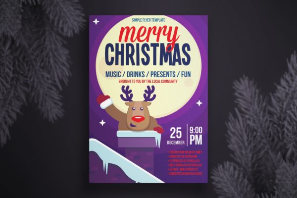 烟囱里的麋鹿圣诞节海报传单设计模板 Christmas flyer template